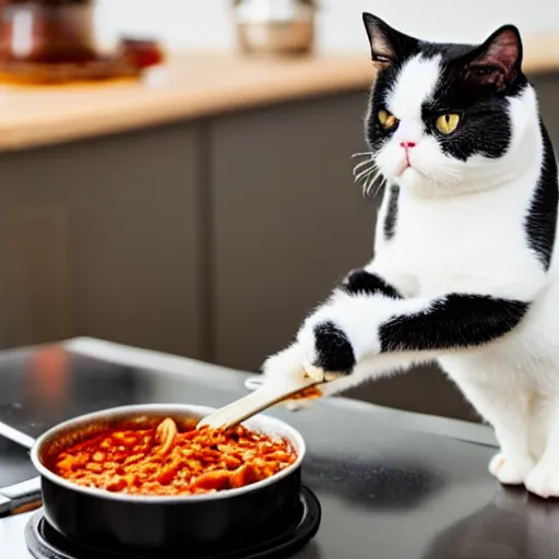 Prompt: photo of black and white exotic shorthair cat cooking a pot of chili in a modern kitchen