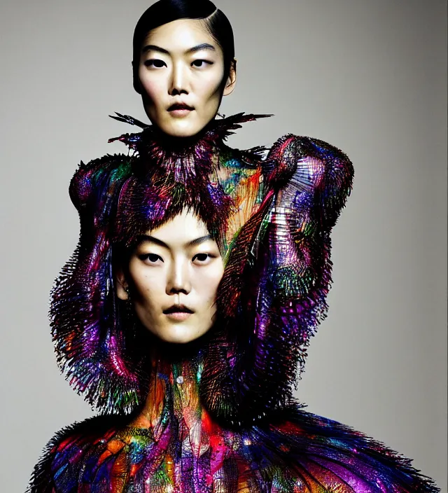 Image similar to photography american portrait of liu wen, natural background, sensual lighting, natural fragile pose, wearing stunning dress by iris van herpen, with a colorfull makeup. highly detailed, skin grain detail, photography by paolo roversi, nick knight, helmut newton, avedon, araki