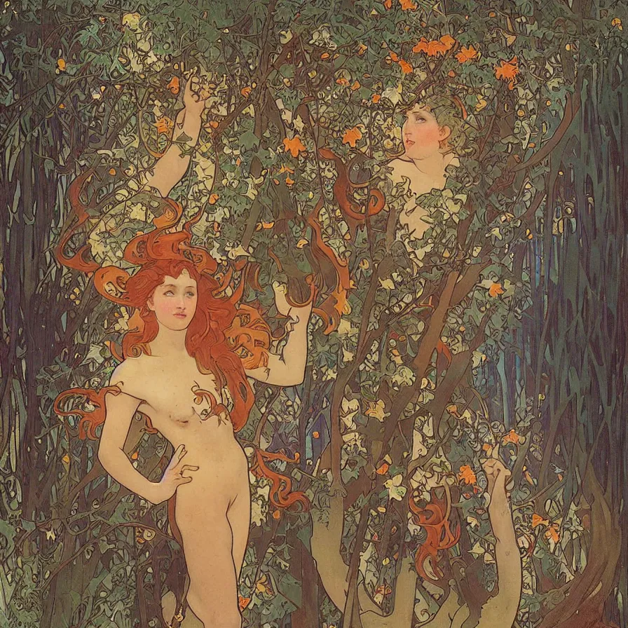 Prompt: a night carnival around a magical tree cavity, with a surreal orange moonlight and fireworks in the background, next to a big lake with iridiscent water, christmas lights, folklore animals and people disguised as fantastic creatures in a magical forest by summer night, masterpiece painted by alphonse mucha and mark brooks, art nouveau, dark night environment