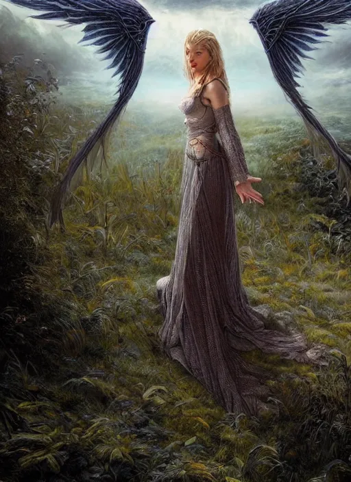 Image similar to full body portrait of a beautiful women with wings of lace in a lord of the rings scenery landscape, by artgerm, sunny day, highly detailed, perfect lighting, perfect composition, 4 k, by alan lee, by derek zabrocki, by greg rutkowski