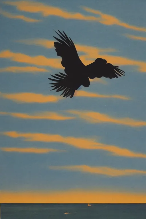 Image similar to silhouette of an eagles talon against the backdrop of the sky and ocean, mid century art