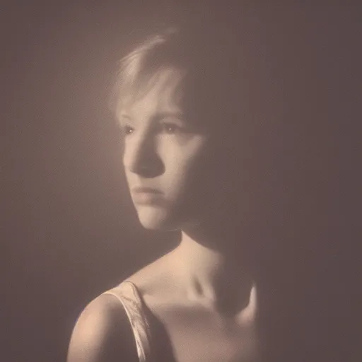 Image similar to depressed girl portrait, chiaroscuro lighting, Tungsten Lighting, by David Lynch