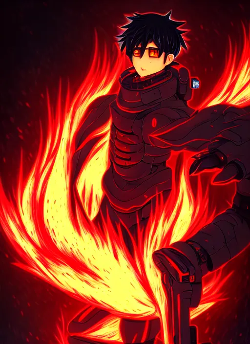 Image similar to a detailed manga full body portrait illustration of a dark haired cyborg anime man surrounded by fire, detailed artwork, realism, 4 k resolution, detailed, high quality, sharp focus, hq artwork, insane detail, volumetric lighting, character concept art, fine details, clear subject, central subject