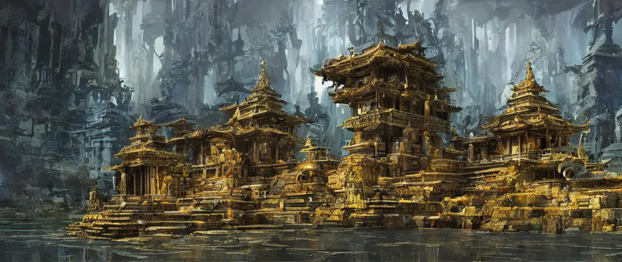 Prompt: A beautiful temple in honor of ancient Feline warriors by John Berkey | sparth:.2 | Time white:.2 | Graphic Novel, Visual Novel, Colored Pencil, Comic Book:.3 | unreal engine:.5 | establishing shot