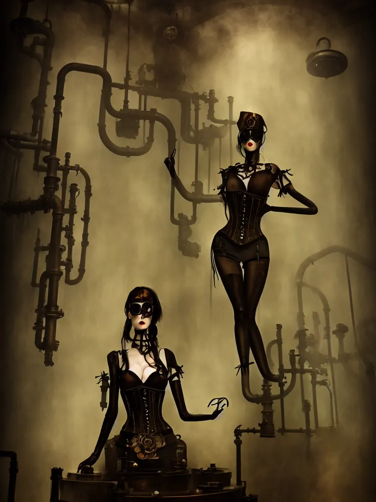 Image similar to inside a steampunk steam room with goth corset on a mannequin, misty steam pipes by Anato Finnstark, artstation behance