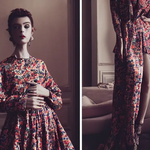 Image similar to close up of fashion model with large valentino dress in parisian luxury studio decorated with vintage furniture, official valentino editorial, highly detailed