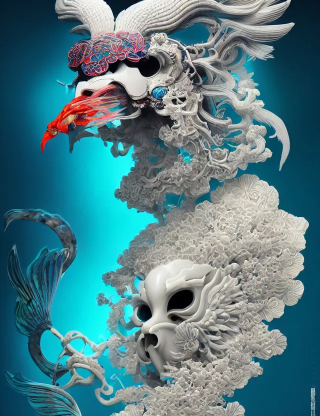 Image similar to 3 d goddess close - up profile portrait ram skull. beautiful intricately detailed japanese crow kitsune mask and clasical japanese kimono. betta fish, jellyfish phoenix, bio luminescent, plasma, ice, water, wind, creature, artwork by tooth wu and wlop and beeple and greg rutkowski