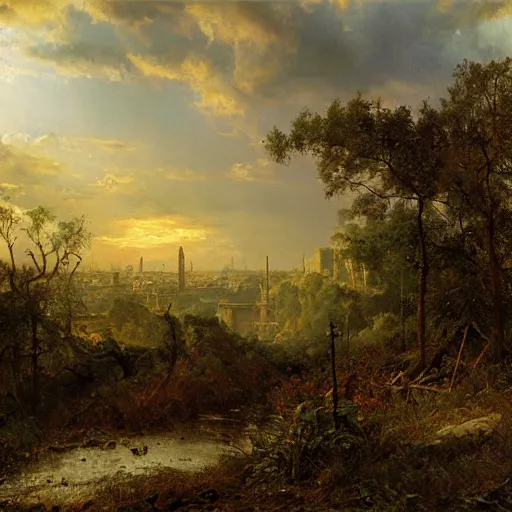 Image similar to post apocalyptic frankfurt, overgrown, landscape, romanticism by andreas achenbach