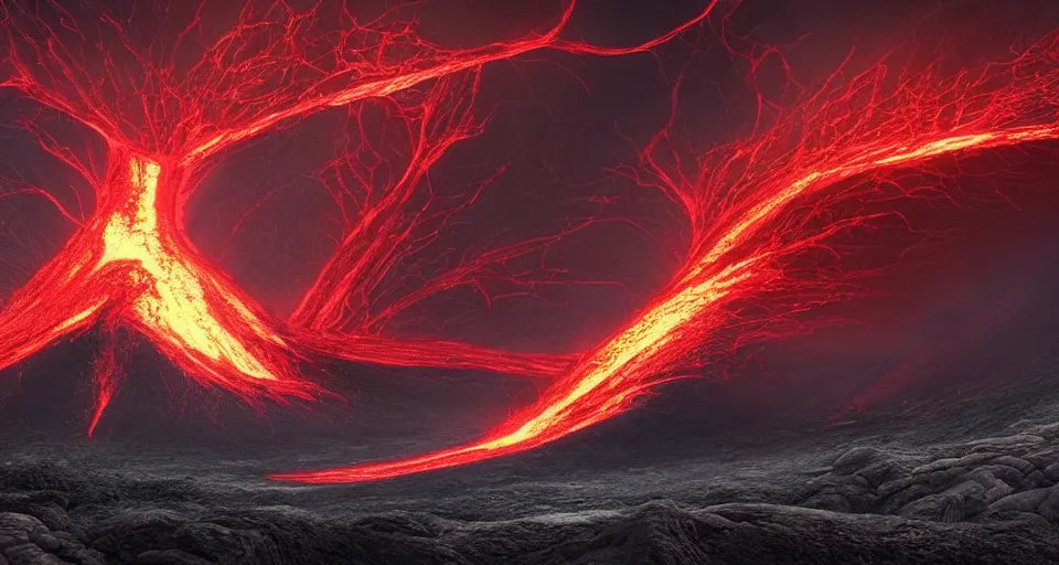 Prompt: a volcano made of ivory vines and crimson rocks enters in eruption, it spits a smoke in the shape of demonic eye, by Disney Concept Artists