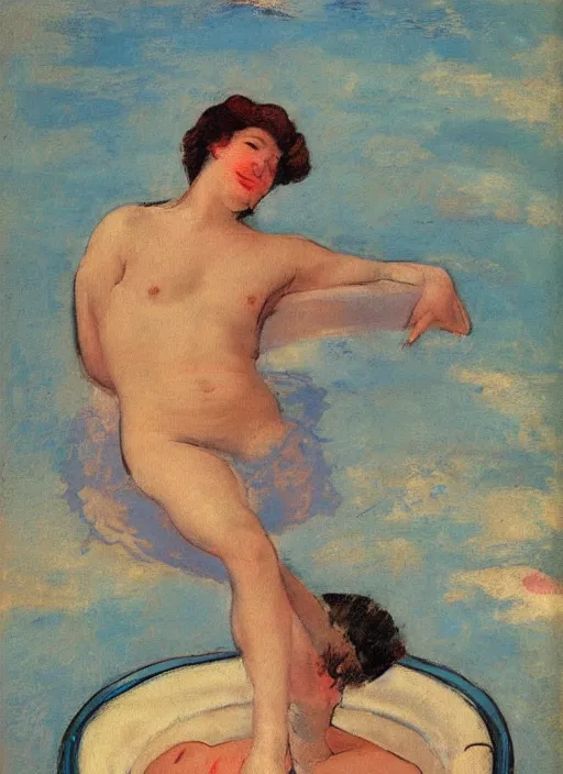 Prompt: vintage beautiful painting of a beautiful gay merman sitting on a pearl in the middle of an ocean in Mary Cassatt style