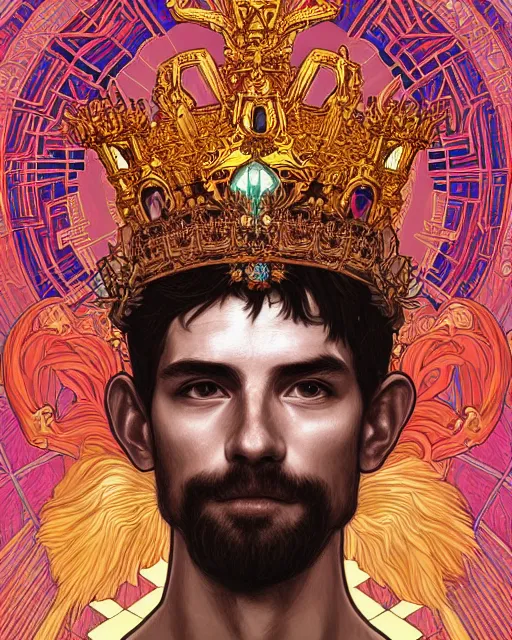 Image similar to symmetrical, centered, young and handsome god close - up portrait wigh crown made of skulls. artwork by tooth wu and wlop and alena aenami and alphonse mucha, brian froud, pablo amaringo