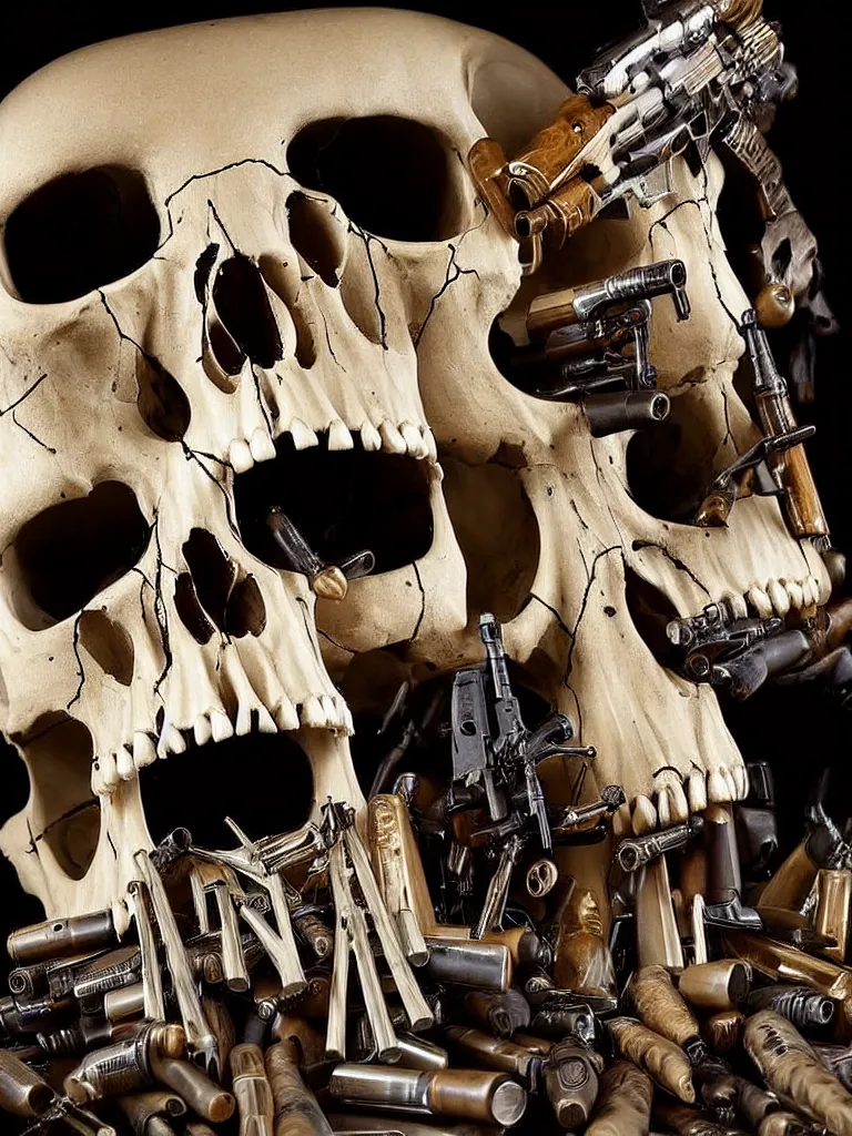 Prompt: animal skull made of rifles, animal bones made of guns, ultra-realistic, intricate details photograph