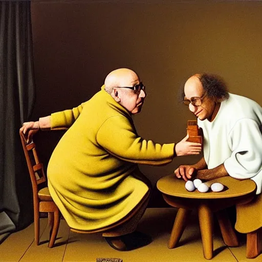 Image similar to danny devito and larry david fighting over a chair shaped like an egg, renaissance still life painting, masterpiece, realistic light and shadow, in the style of vermeer, highly detailed, photorealism