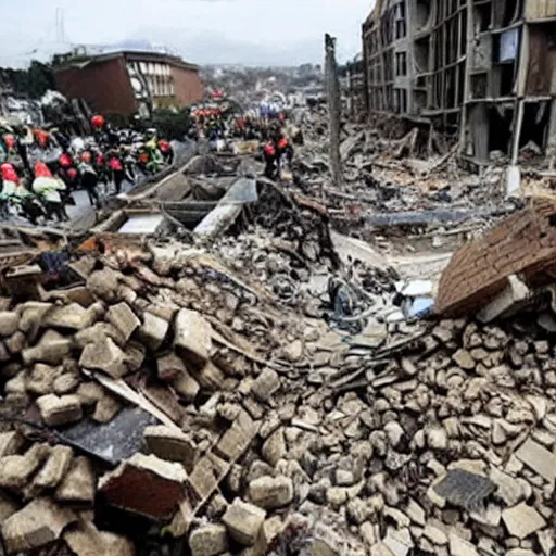 Image similar to seven avocados hovering over seven a rubble after a building collapsed, journalistic photograph.