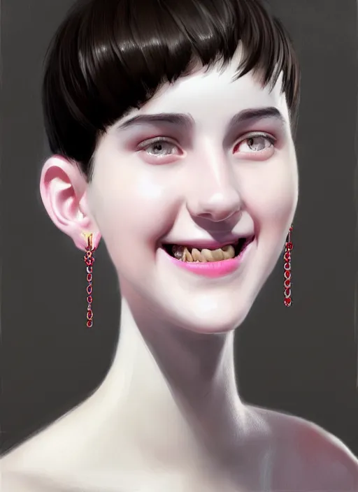 Image similar to portrait of white teenage girl, narrow face, short black hair, bangs, half updo hairstyle, buck teeth, smile, unattractive, defined jawline, long chin, wearing hair bow, earrings, intricate, elegant, glowing lights, highly detailed, digital painting, artstation, sharp focus, illustration, art by wlop, mars ravelo and greg rutkowski