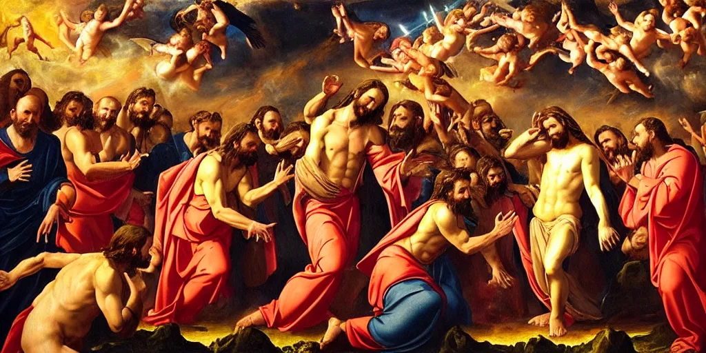 Prompt: jesus christ commanding his angels to attack hell, dramatic classical painting