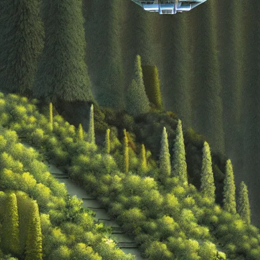 Image similar to vertical farms and white sci - fi nuclear microreactor in a steep sided valley with trees, a sense of hope and optimism, hyper realistic, high res, 4 k, warm light, edouard groult, bynde, kirill leonov