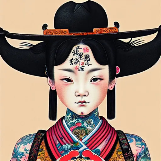 Image similar to full view of a girl from the qing dynasty with tattoos, wearing an american cowboy hat from the old west, in the year 2 0 4 0, style of yoshii chie and hikari shimoda and martine johanna, highly detailed