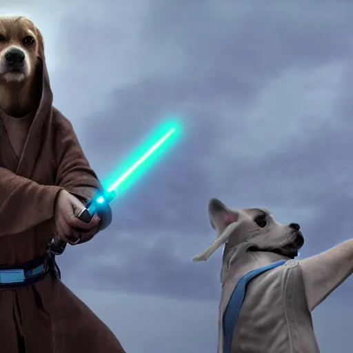 Prompt: a Jedi with a dog, fighting a war, hyper realistic, future, space, medieval, 4k