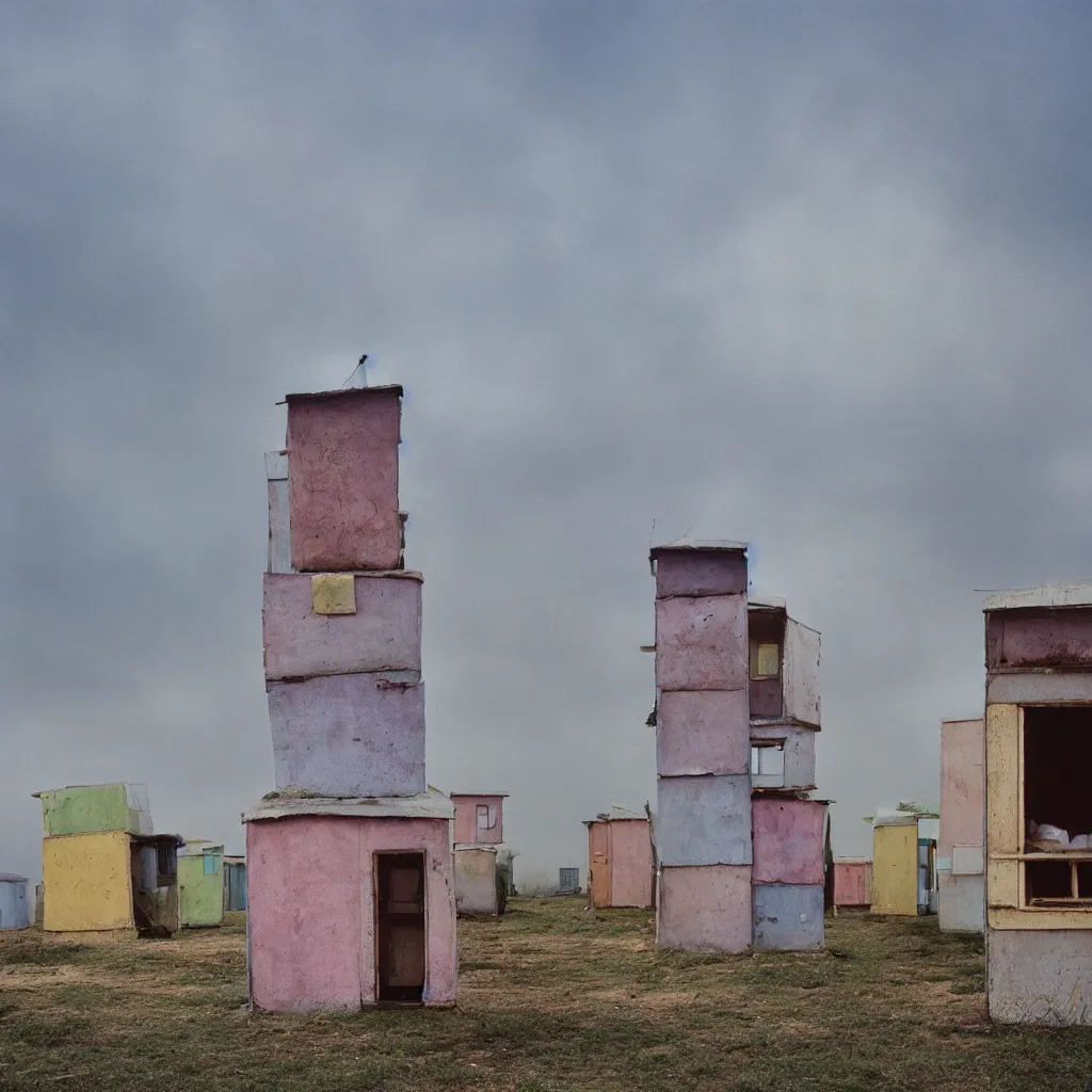 Prompt: towers made up of makeshift squatter shacks with pastel colours, plain uniform sky at the back, misty, mamiya rb 6 7, ultra sharp, very detailed, photographed by alejandro jodorowsky