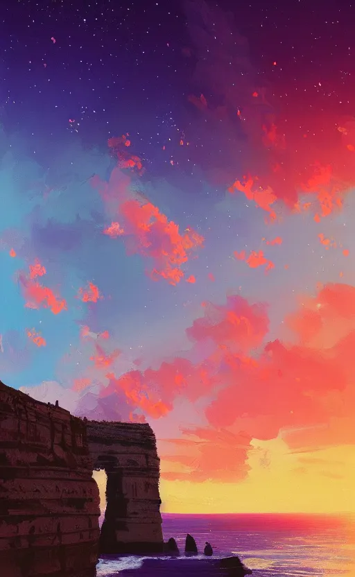 Image similar to a beautiful illustration of twelve apostles at sunset, art of alena aenami, featured on artstation, vertical orientation, paint brush strokes, expressionism, brushstroke - laden, breathtaking clouds, birds, ocean, beautiful stars, long exposure, gigantic sun, airy theme, red purple gradient, lens flare