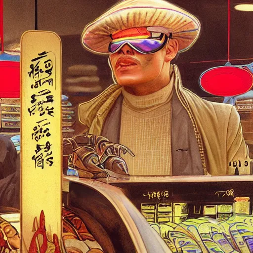 Prompt: byzantine bureaucrat wearing coolie hat and VR goggles with scrolling Chinese Arabic text standing behind counter in Hong Kong market, Dune concept art by Greg Rutkowkski, Brom, and Alphonse Mucha