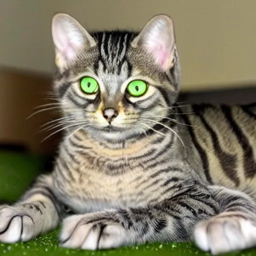 Prompt: cute greyish brown tabby cat mix with light green eyes, slightly weird, mixed with a margay