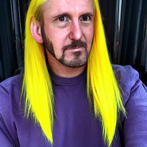 Prompt: a man with yellow hair and purple hair tips
