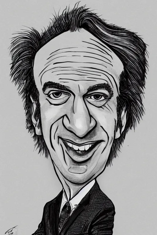 Prompt: a caricature of saul goodman by tom richmond, black pen on paper. detailed, hd image,