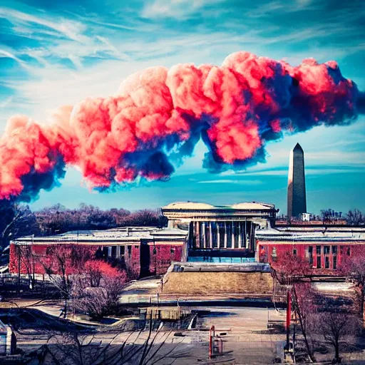 Image similar to dystopian, destroyed washington dc, real, blue sky, smoke, red clouds, detailed, award winning, masterpiece, photograph, cinematic, hyperrealism