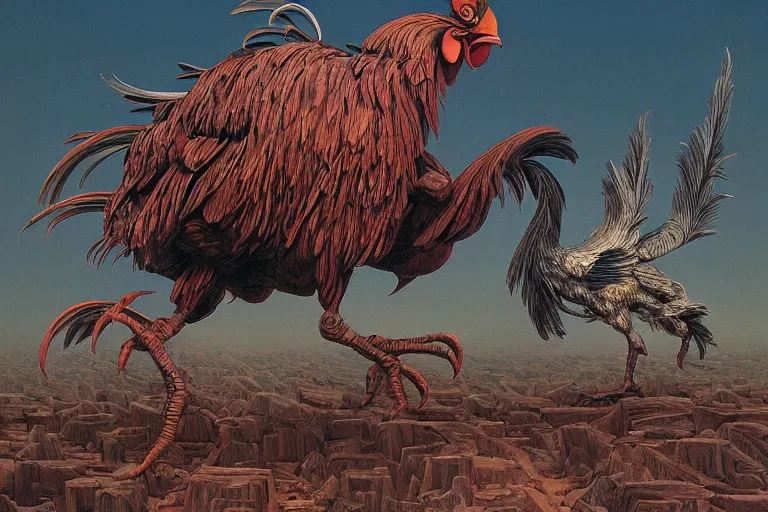 Image similar to digital painting of an ominous mechanical rooster with huge beak and talons, by wayne barlowe and bob pepper, highly detailed, intricate, sharp focus, portrait, talons, anatomy, studio ghibli color scheme, dieselpunk, retrofuturism