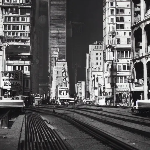 Prompt: very low angle. futuristic. dreamlike. weird. horrific. something is wrong. city street at 1 9 5 0 s. low angle. old photo. atmospheric. skyscrapers. vivid colours, mysterious. epic scene. trending on trainstation. 4 k. very high detailed.