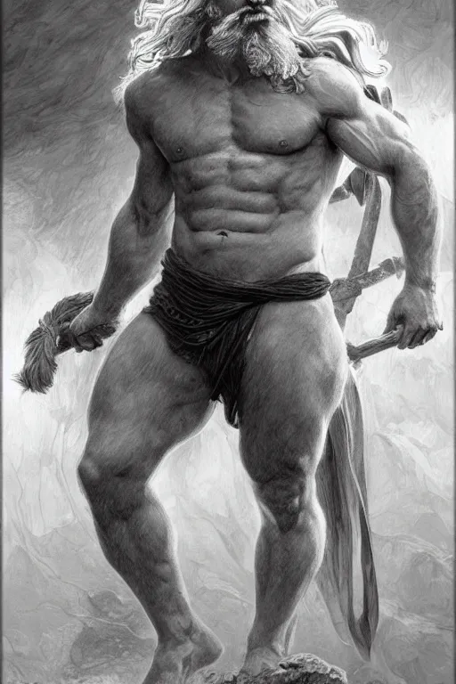 Image similar to painted portrait of rugged zeus, god of thunder, greek god, white hair, masculine, mature, handsome, upper body, muscular, hairy torso, fantasy, intricate, elegant, highly detailed, digital painting, artstation, concept art, smooth, sharp focus, illustration, art by gaston bussiere and alphonse mucha