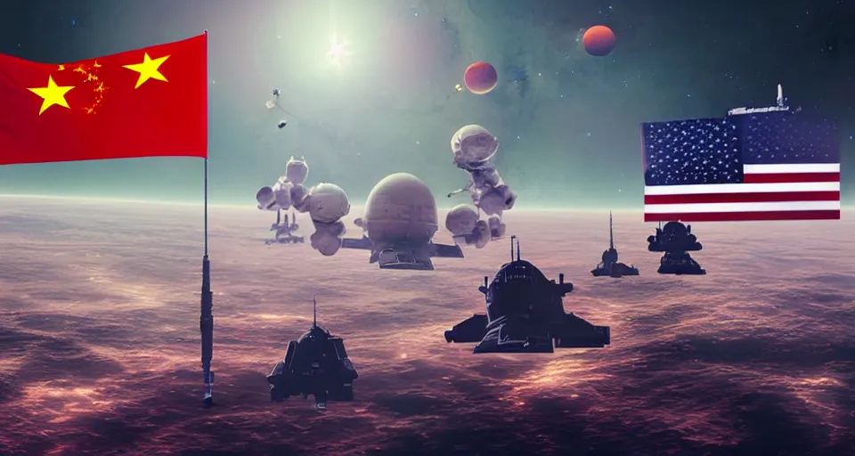 Prompt: space war between china and usa, desaturated, moebius, usa flag on a spaceship, china flag on a spaceship, complementing colors, maschinen krieger, beeple, film, atmospheric perspective