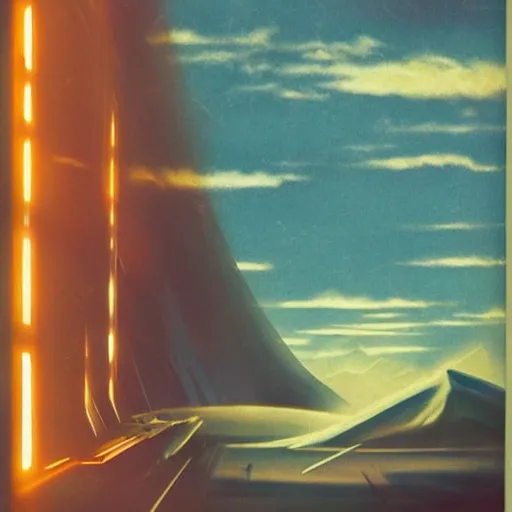 Image similar to mountains of light under a bright cloudy sky, overexposed retro science fiction vintage art