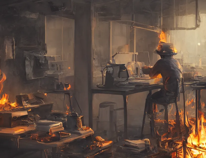 Prompt: a man works at a workstation in a very hot office with burning fires, close up, featured in artstation, intricate, ultra detailed, concept art, wide - angle lens, unreal engine, sharp focus, illustration, 8 k