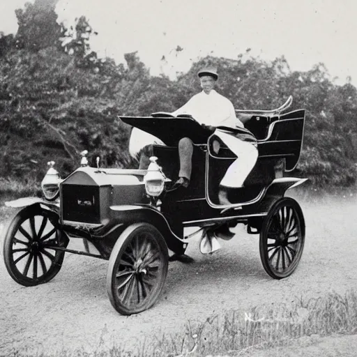 Prompt: an oldie car with wings and horse black-white retro photo 1910, man in front