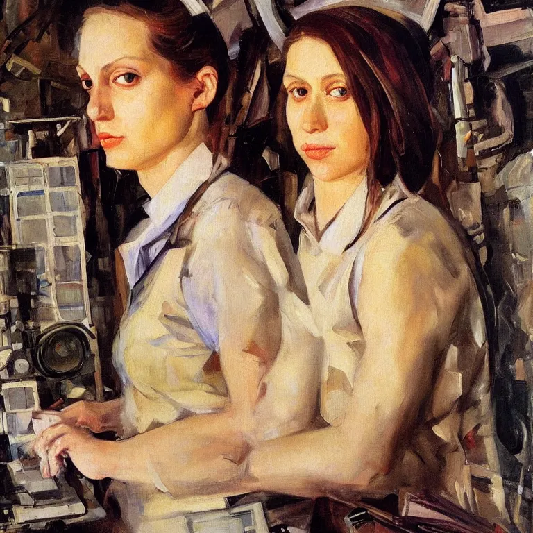 Prompt: Beautiful realistic self portrait by Zinaida Serebriakova as a Cyberpunk code breaker in 1998 London, oil painting rich color shocking detail hyperrealistic 8k