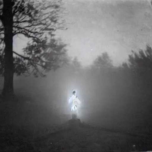 Image similar to a soul looking at his grave, night, fog, 1 9 0 0's photo