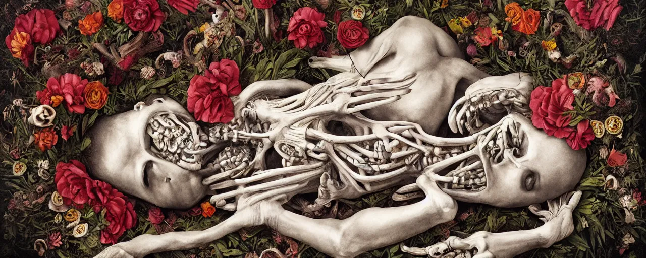 Image similar to anatomical man with large eyes and lips laying in bed of bones of flowers, feeling an existential dread of love, HD Mixed media, highly detailed and intricate, surreal illustration in the style of Caravaggio, baroque dark art