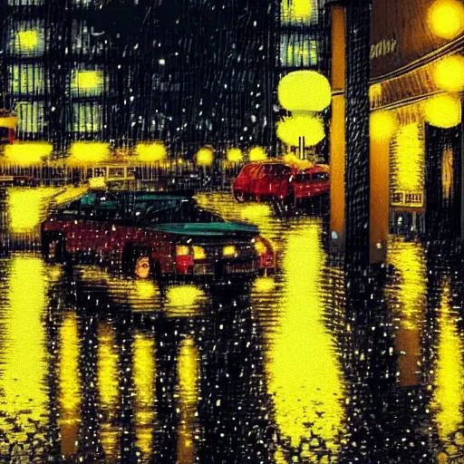 Prompt: pixelart rainy night in the city, reflections