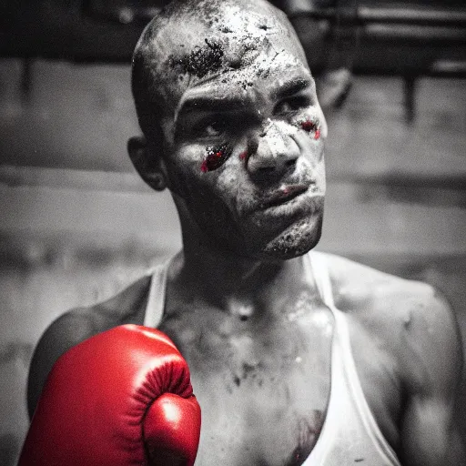 Image similar to close up portrait of boxer after boxing with brews blood sweating, photography photojournalism, very grainy image