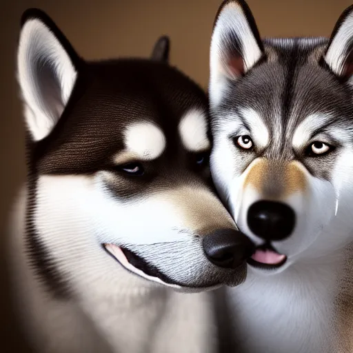 Image similar to a hyperdetailed photograph of a shiba inu hugging a husky malamute in a bright room, hd, 8 k resolution