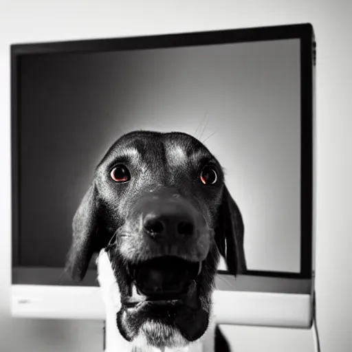 Image similar to barking dog looking at monitor photo dramatic lighting from behind