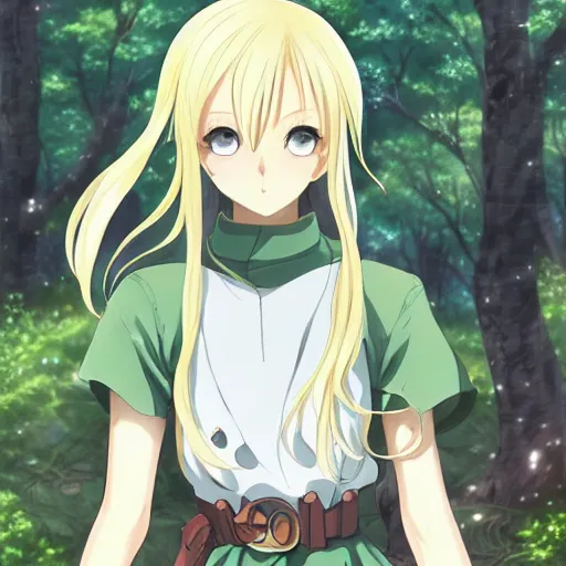 Prompt: blonde anime knight 2 3 2 5, standing in a forest, finely detailed features perfect art anime illustration 8 8 7 8 trending on pivix fanbox art by makoto shinkai, studio ghibli, takashi takeuchi, hajime isayama