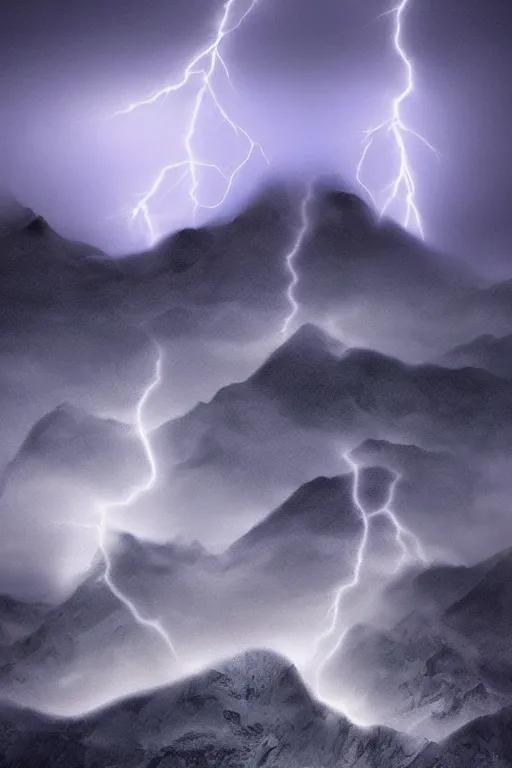 Image similar to digital matte fantasy dreamy mountain scape dark tones snow, lightning, storm, 8 k by alex grey