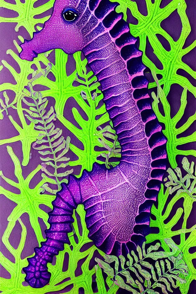 Image similar to a portrait of a purple seahorse statue on a cobblestone platform lush with various plants, black paper, beautiful intricate painting by kokaris