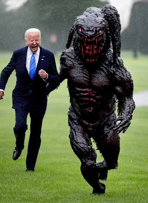 Prompt: joe biden is running terrified from a monster from predator that is chasing him on the white house lawn during a storm, photoealistic, scary