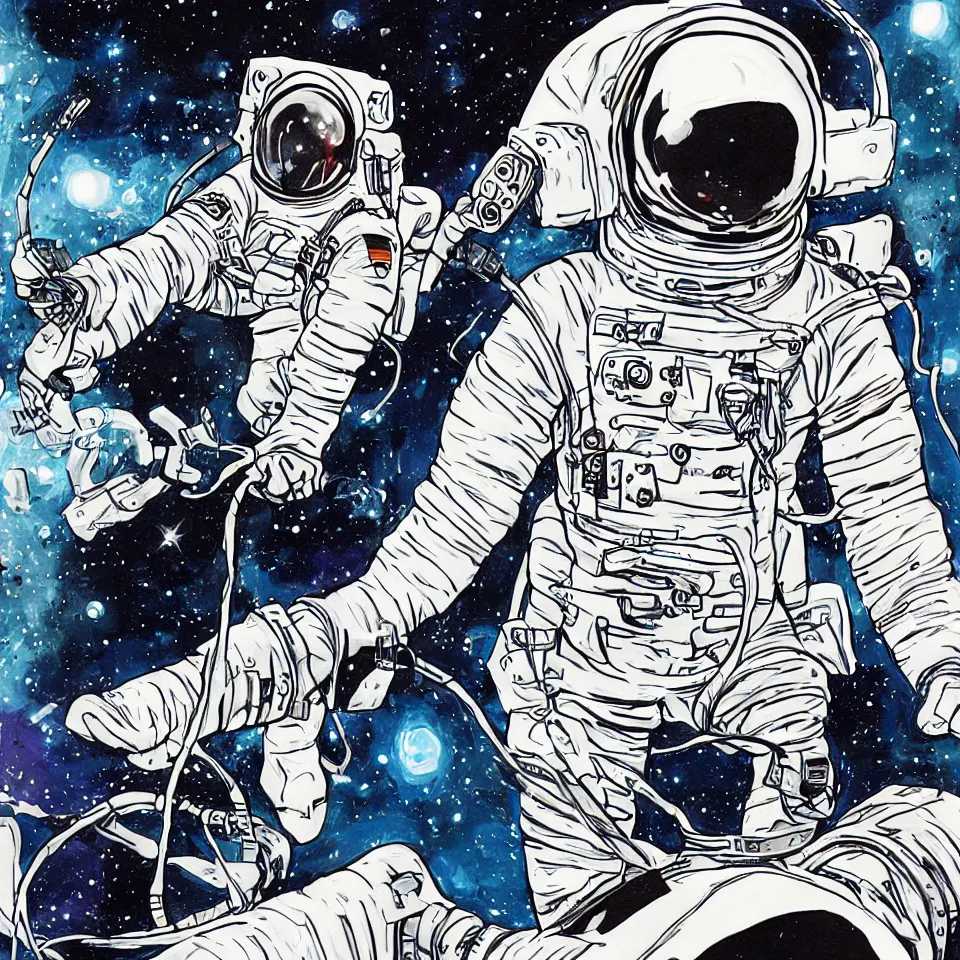 Image similar to an astronaut with headphone playing keyboard in the space, digital painting, digital art, illustrated by neal adams