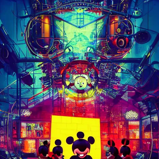 Prompt: a group of people standing around a mickey mouse, cyberpunk art by david lachapelle, cgsociety, sots art, dystopian art, reimagined by industrial light and magic, concept art